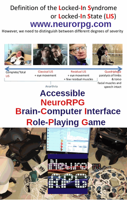 LIS/CLIS and NeuroRPG Diagram of people in Locked In State and Complete Locked in Syndrome, and equipment from the NeuroRPG projects. (c) W.A. Hawkes-Robinson